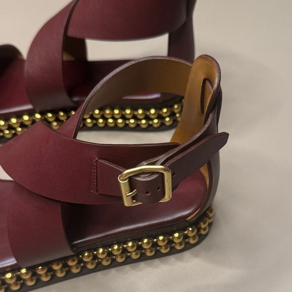 Chloé Burgundy Crisscross Leather Platform Sandals with Gold Bead Trim - Picture 3 of 12